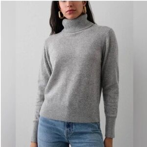 White + Warren Sz M Ribbed Trim Cashmere Turtleneck Grey Heather Casual Women’s